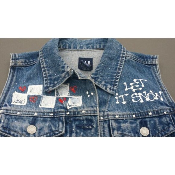 Girls Jean Vest Size M Holiday Winter Handpainted Snowman - Picture 6 of 12